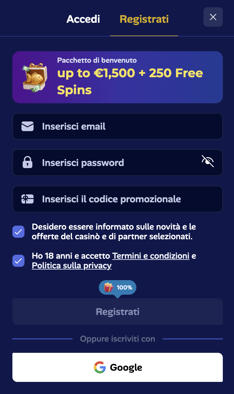 Modulo di registrazione su Manekispin Casino